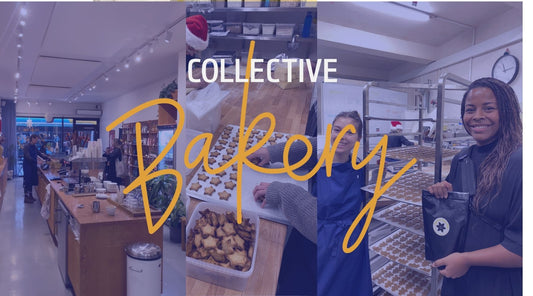 Et grafisk billede med tre billeder i baggrunden fra et bageri. I forgrunden et logo fra Collective Bakery